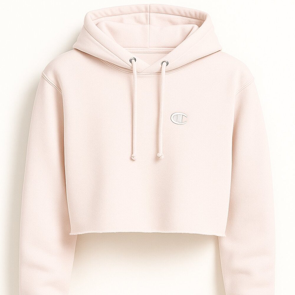 Women’s Champion Cropped Hoodie Thick Light Pink C Logo Ribbed Cuffs Raw Hem